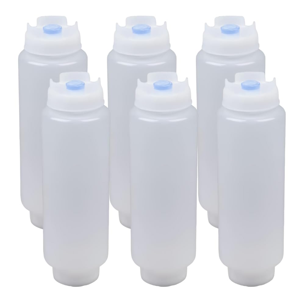 2 Set Squeeze FIFO Bottles Refillable 16 oz | Blue Tip Large Valve Dispenser for Thick Condiments, Sauces, Batter and Dressing | Self Sealing No Drip No Hassle | (6 Pack)