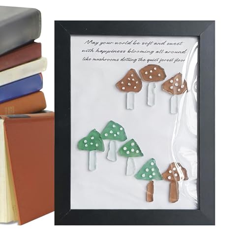 Sea Glass Photo Frame   Frosted Tumbled Mushroom Design, Coastal Desktop Decoration Picture Display Stand, Rustic Beach Style Tabletop Holder Showcase Piece, Nautical Weathered Glass Memory