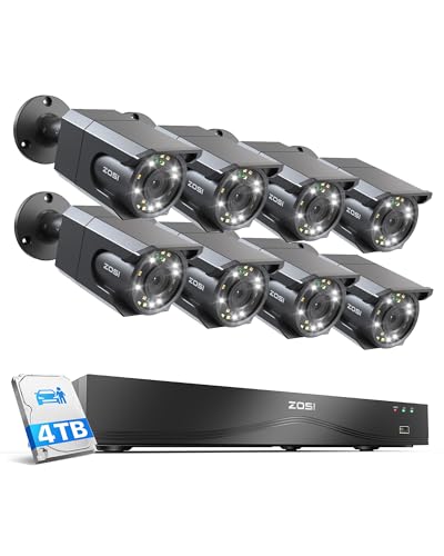ZOSI 4K 16CH PoE Security Camera System, 8 x 8MP PoE Cameras Outdoor with Starlight Color Night Vision, Light Alarm, Human Detection, 4K 16CH H.265+ NVR (Expandable to 32CH), 4TB HDD for 24/7 Record