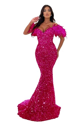 Image of Sequin Feathers Mermaid Prom Dresses 2026 Off Shoulder Sparkly Long Formal Evening Party Gowns with Train