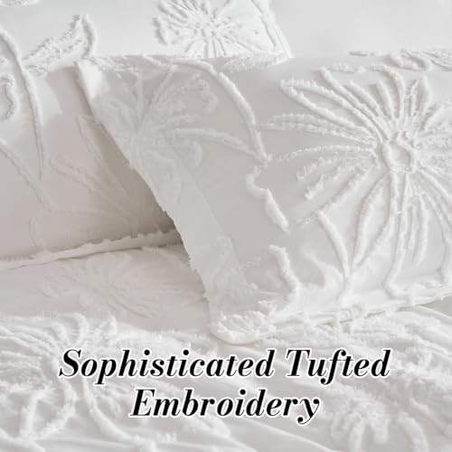 Image of 7 Pieces Flower Comforter Set for All Seasons White Floral Tufted Boho Bedding Set Queen Size Farmhouse Bed in A Bag as Gifts with Comforter Sheets Pillowcases Shams