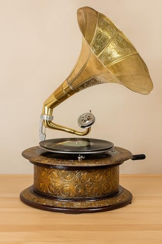 Trichtergrammophon „Villa Gatsby“ – Nostalgisches Grammophon im Stil der 20er aus Holz & Messing, voll funktionsfähig, spielt Schellackplatten mit Handkurbel, inkl. Platte &...