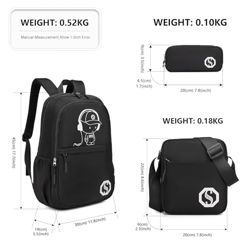 KONO Leuchtender Schulrucksack 3-in-1 Set, Anime Jungen Schulranzen Umhängetasche Federmäppchen, 15.6 Laptop Rucksack für Schüler Teenager Mädchen (Schwarz)