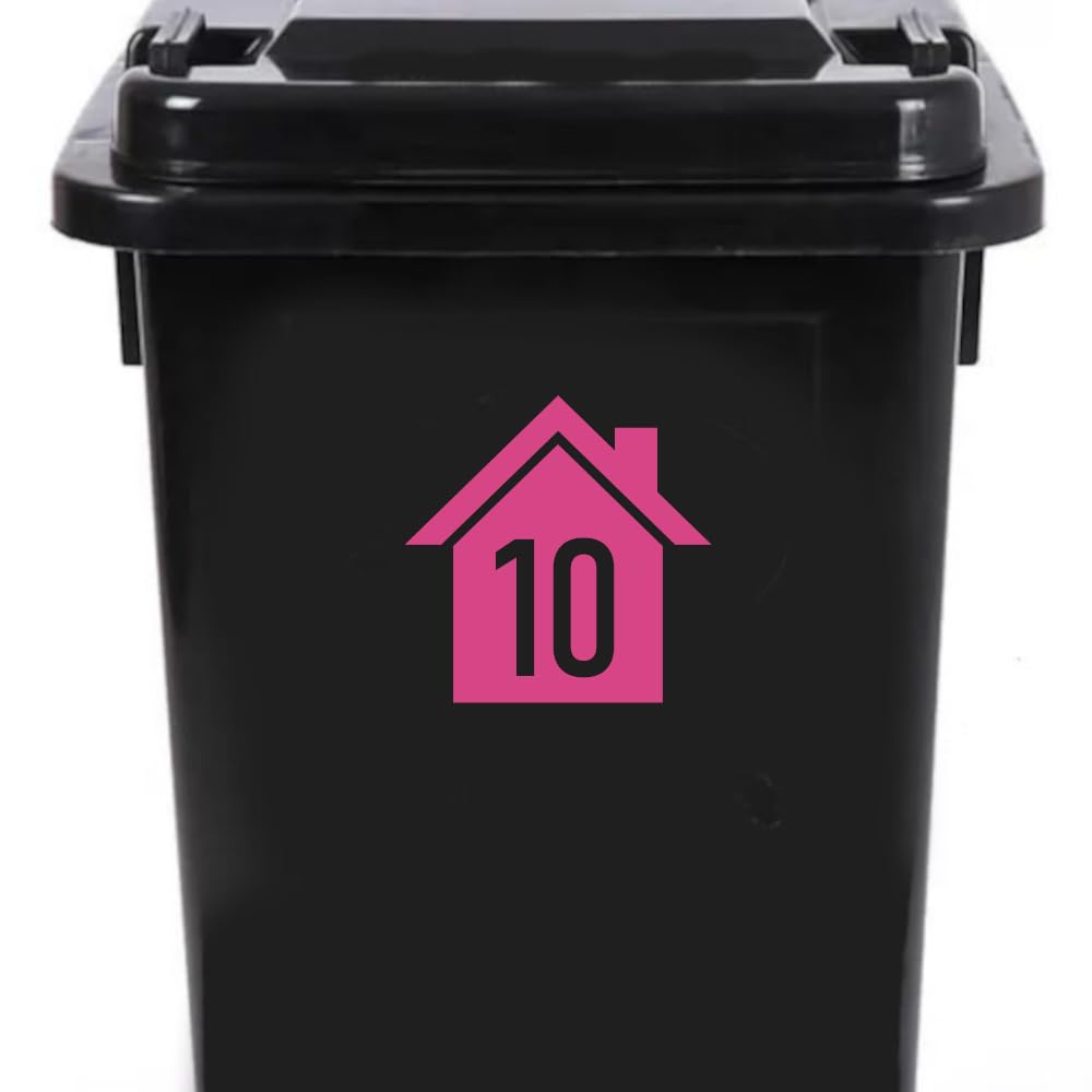 4 Pack House Number 10 Silhouette Waterproof Wheelie Bin Stickers 14cm x 14cm (5.5" x 5.5") - Waterproof Vinyl Decal - Long Lasting - Easy to Clean (10, Pink)