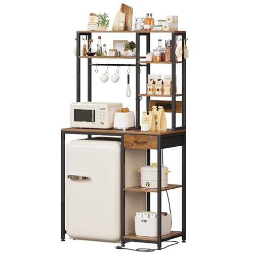 Espelism 6-Tier Mini Fridge Stand with Power Outlet and Drawer, Freestanding Bakers Rack with Storage, Microwave Storage Shelf for Kitchen, Coffee Bar Organizer with Hooks (Rustic Brown)