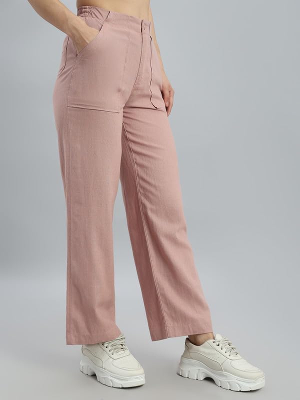 Image of GO COLORS Solid Linen Cargo Pants for Women | Full Length, Mid Rise, Side Pockets