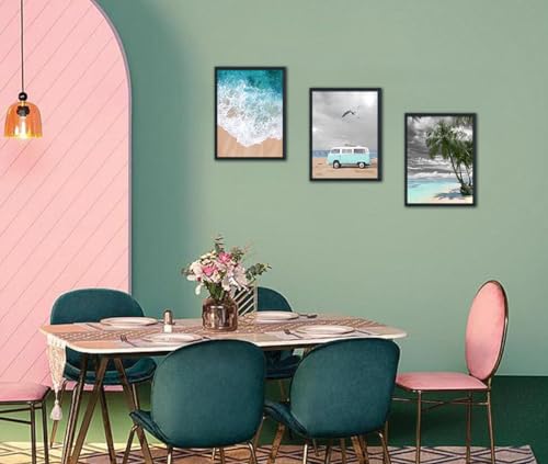 Enartly Teal Ocean Beach Summer Canvas Wall Art Coastal Turquoise Pictures Bathroom Decor Palm Tree Paintings Sea Wave Blue Vocation Bus Artwork for Bedroom Living Room Decor Black Framed 16"x20"x3 - Image 5