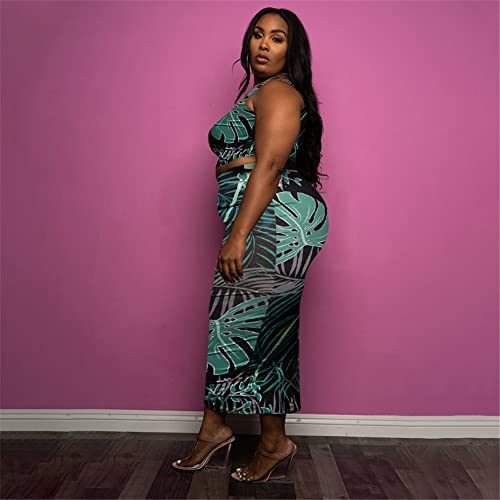 Image of Plus Size Women 2 Piece Outfits Sets Sexy Tracksuit Midi Dress,Sleeveless Tank Top Bodycon Skirts Set Casual Summer