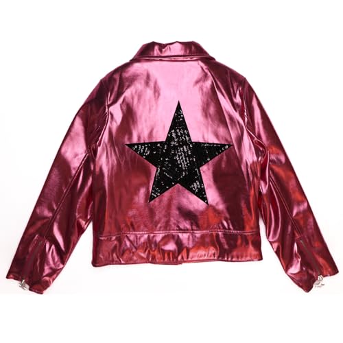 Girls Metallic Jacket, Silver/Pink Faux Leather Biker Jacket with Rainbow Heart Patch, Side Pockets2