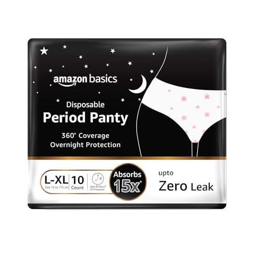 Amazon Basics Disposable Period Panties For Girls & Women| L-XL | 10 Count (Pack of 1) | 360° Coverage | Upto 8 Hours of Protection | Leak Proof | Overnight Protection | Period Panty