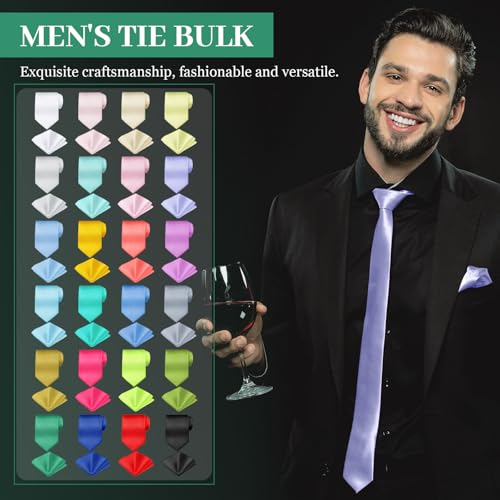 Image of Zhanmai 48 Pcs Men Solid Color Ties and Pocket Square Set Satin Necktie Business Handkerchief for Wedding Party