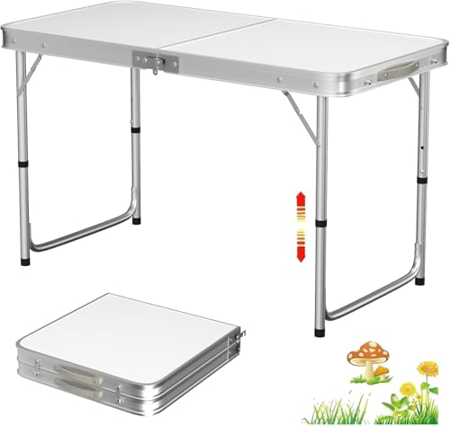 SKY-TOUCH Folding Trestle Outdoor Camping Table Aluminum Alloy Outdoor Folding Picnic Table Lightweight Trestle Outdoor Camping Table For BBQ Party Folds in Half with Carry Handle White(1206070cm)