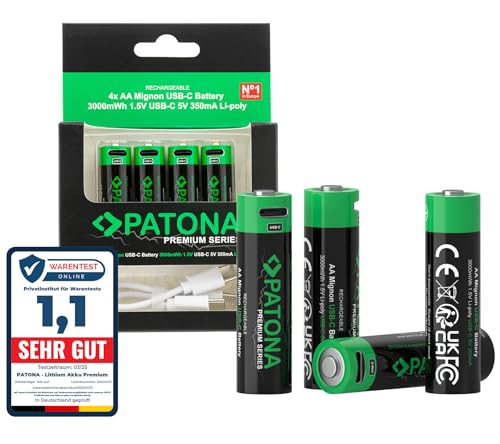 PATONA 8X Premium Mignon AA Akkus, 3000mWh 1.5V 2000mAh Batterie, wiederaufladbar, USB-C Eingang 350mA, 1-zu-2 USB-C-Kabel – langlebig über 1.000 Ladezyklen für Kameras Fernbedienungen Taschenlampen