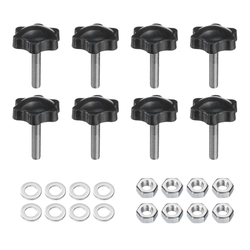 Image of sourcing map 8pcs Star Clamping Knobs with Nuts Washers, M6 x 25mm Metric 304 Stainless Steel Male Thread 32mm 6-Star Plastic Head, Threaded Stud Hand Knobs Handles Thumb Screws, Black