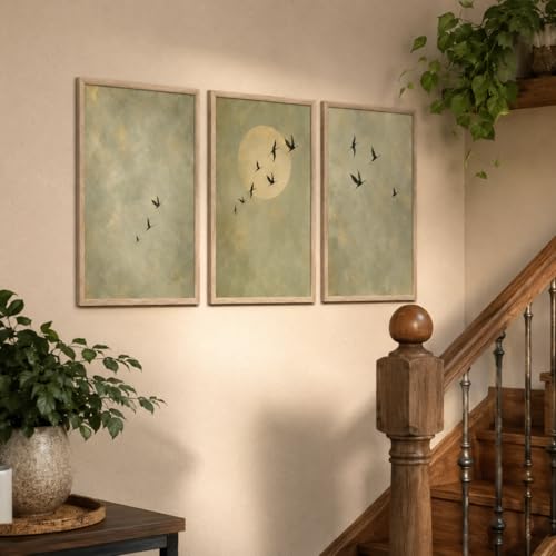 Image of Artify Set of 3 Minimal Birds Moon Wall Painting for Living Room Bedroom Hall Office Decor, Premium Wooden Synthetic Frame Nature Artwork Gift