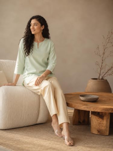 Image of SAADAA Airy Linen Split Neck Short Kurta for Women | Casual & Office Wear | 3 /4 Sleeves, Comfortable Fit | Elegant Top | Lightweight & Breathable Fabric |