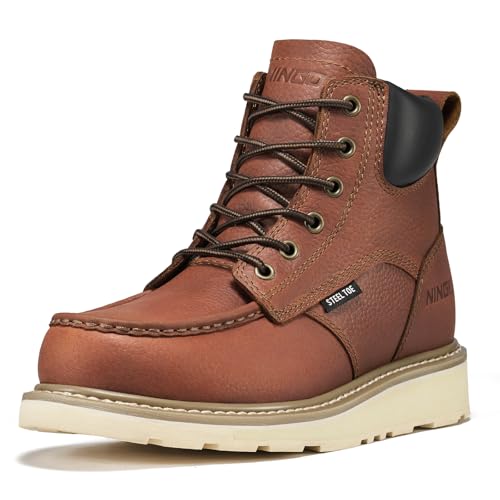 Image of NINGO Steel Toe Boots for Men, Non Slip Mens Moc Toe Boots with Water Resistant Full Grain Leather, EH Rated Oil Resistant Wedge Sole, Comfortable Safety Work Boot for Construction Industrial, Brown