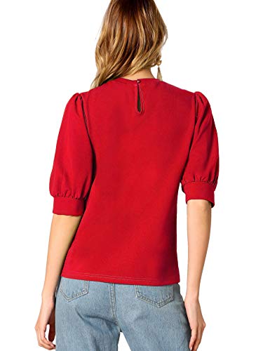 Shein Women's Puff Sleeve Casual Solid Top Pullover Keyhole Back Blouse Red Medium #TOP1