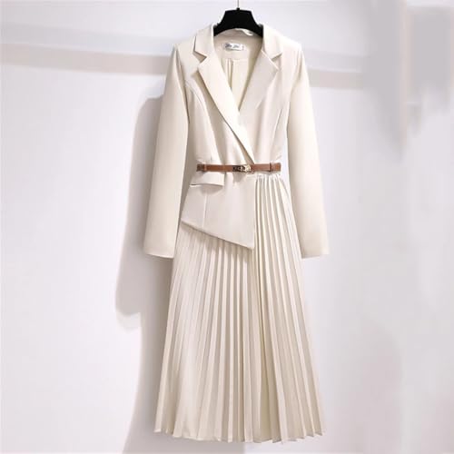 Office Lady Patchwork Blazer Dress Autumn Elegant Long Sleeve Notched Collar Belt Pleated Vestidos4