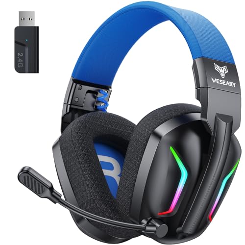 WESEARY WG1 Cascos Gaming Inalambricos, Auriculares Gaming Inalambricos para PS5, PS4, PC, Switch, Sonido Estéreo Auriculares Gaming con Microfono, Cascos con Luz LED, Duración 50Hr+
