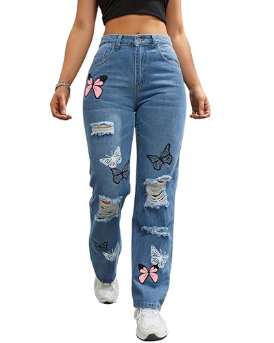 High Waisted Straight Leg Jeans for Women Trendy Butterfly Print Ripped Distressed Denim Pants2