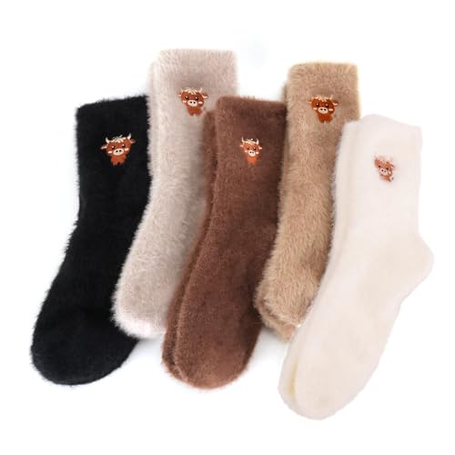 QBEJIME Fluffy Socks Womens 5 Pairs Bed Socks For Women Winter Soft Fuzzy Thermal Socks Highland Cow Gifts For Women Christmas Mothers Day Gifts For Ladies Home Sleep