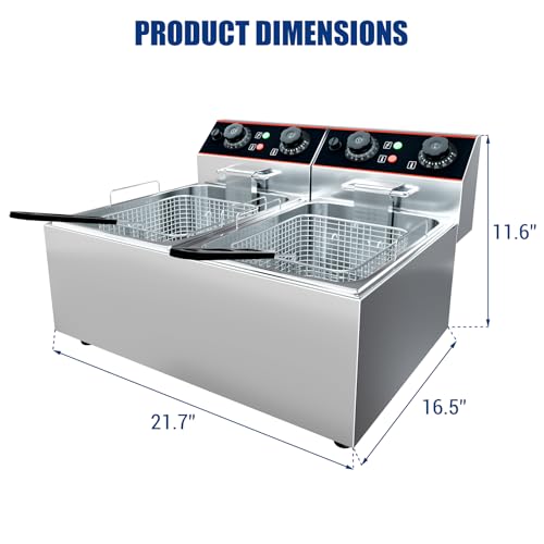 Commercial Deep Fryer, 12.6 QT Electric Deep Fryer with Double Basket and Lid, Stainless Steel Deep Fryer with Independent Temperature Control for Restaurant or Home Use, 1500W+1500W