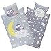 Produktbild Aminata Kids Bettwäsche Eule 135x200, 80x80 cm Mädchen Baumwolle grau mit YKK Reißverschluss - Wende Kinderbettwäsche - Wende-Kinder-Bettwäsche-Set - Mond und Sterne anthrazit - Eulen-Motiv