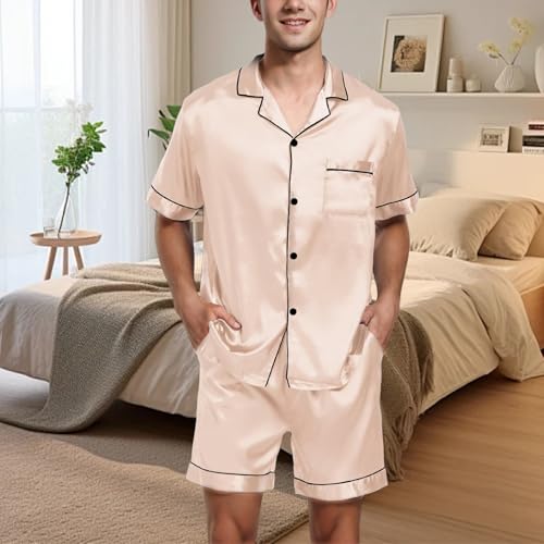 Men's Satin Pajama Set Button Lapel Short Sleeve Shirt Comfy Short Sets Summer Casual Soft Loungewear with Pocket3