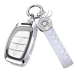 SHANGHONG Funda para llavero Hyundai Elantra con llavero, piel auténtica, protector de llave de cristal compatible con Hyundai Elantra Ioniq Sonata Tucson Elantra GT (modelo 1, blanco)