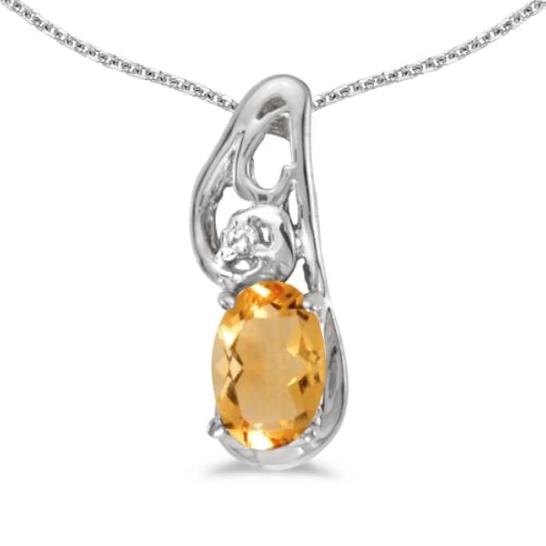 LXR Ciondolo in oro bianco 10 k con citrino ovale e diamante 0,31 ct