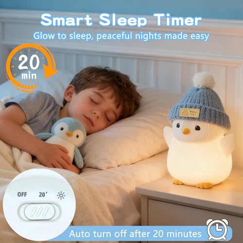 Image of FAMIDUO Pink Penguin Night Light,Cute Penguin Lamp with Hat for Kids /Mom | Squishy Silicone Nursery Nightlight, Rechargeable /Dimmable /Timer,LED Novelty Animal Bedside Light,Funny Gifts for Baby /Boys