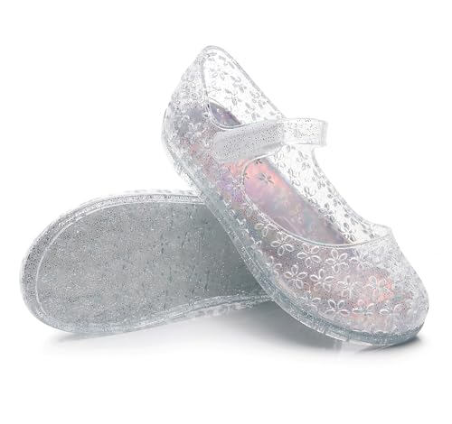 Princess Dress Sandals Jelly Shoes for Toddler Girls Size 8, Blue Bird Nest Layered Lines Mary Jane Flats Childrens Clear Glitter with Hollow-Carved3