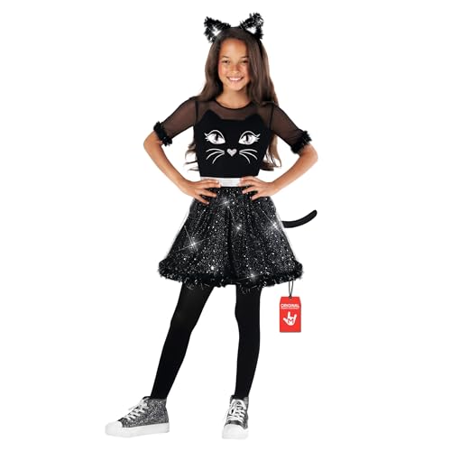 Morph Disfarce gato preto menina, disfarce gatinho para o Halloween, fato de gato para menina, 7-9 anos