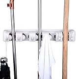 JOEY'Z Mop and Broom Holder Hanging Wall Mounted Rack Organizer, 5 Slots and 6 Hooks