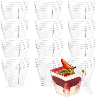 DRADERCH 60 Pcs 2oz/60ml Mini Dessert Cups with 100 pcs Plastic Spoons Reusable Square Plastic Dessert Pots Cheesecake Pots Clear Plastic Parfait Appetizer Cup for Dessert Pudding Mousse Party