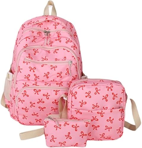 3pcs Set Bow Backpack for Girls, Backpack with Bows, Cute Backpack Set Large Capacity (Pink Red)