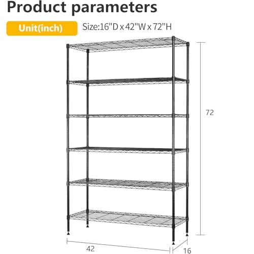 Image of BestOffice | 6-Tier Wire Shelf | 42 inch x 16 inch x 72 inch | Black | Storage Shelves with Adjustable Racks, Holds upto 1500 lbs | Rust-Resistant, No-Tool Assembly | For Home, Garage