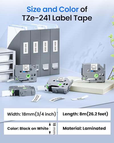 Image of TZe-241 18mm 0.7 Laminated White Tape Replace for Brother Label Maker Tape 18mm Label Tape Compatible with P-Touch TZ TZe 3 /4 inch Black on White TZE241 for PTD410 PT-D400 PT-D610BT PTD600 Refills,4 Pack