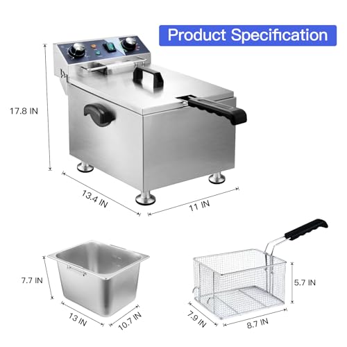 Waterelfo Electric Deep Fryer - 13L 13.7Qt Commercial Deep Fryer 1800W 120V18.7Pounds Withtroperature Control And Timer Large Basket Fryer For Commercial And Domestic Kitchens thumb #5