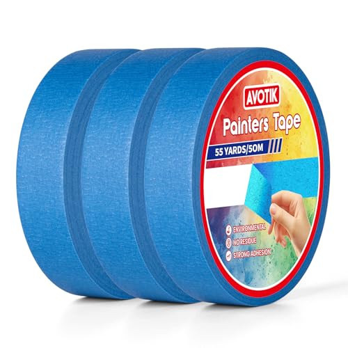 Avotik Blue Painters Tape 3 Rolls: Masking Tape 24mm Wide x 55 Yards - Painters Tape Blue Masking Tape for Walls Painting Packing Wood Floors DIY Total 220 Yards (3 rolls-24mm x 50m)