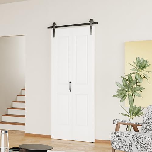 SOLRIG 30 x 84 Bifold Barn Door 4 Panel Bi-fold Sliding Closet Doors with Hardware Kit Wood Sliding Barn Door with PVC Surface 2.83FT Track for 2 Finished Panels MDF White