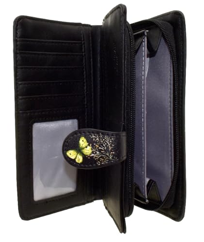 Shag Wear Floral Butterflies Large Insect Wallet for Women and Teen Girls Vegan Faux Leather Black 7"4