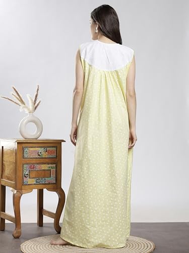 Image of 9shines Label Cotton Sleeveless Nighty | All Over Print Maxi Night wear for Women | Full Length Night Gown Night Dress for Women Stylish (Cotton Sleeveless 25)