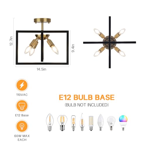 Image of Modern Industrial Semi Flush Mount Ceiling Light Fixture, Black and Gold Candelabra Farmhouse 4-Light Lighting for Kitchen, Dining Room, Bedroom, Hallway, Living Room, Entryway, Foyer