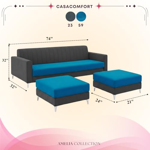 Image of Amelia 5 Seater L Shape Sofa Set with 2 Movable Ottomans | Flexible Layout | Rich Velvet Suede Fabric | Silver Legs | Spacious Seating | Modern Sofa for Living Room (Dark Grey-Aqua Blue)