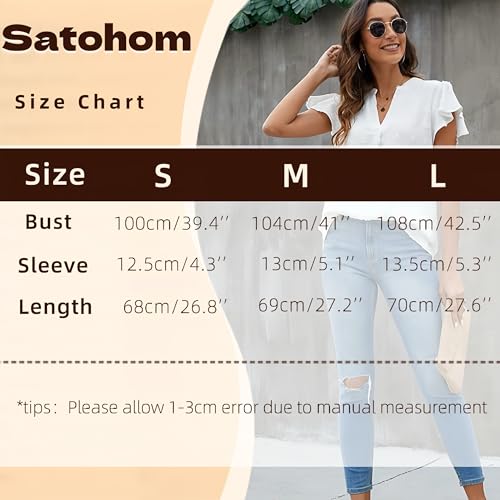 Satohom Camisa de gasa para mujer, manga corta con volantes, para verano, playa, vintage, cuello en V, blusa casual suelta para mujer, camiseta básica para mujer elegante, color blanco, negro, rosa