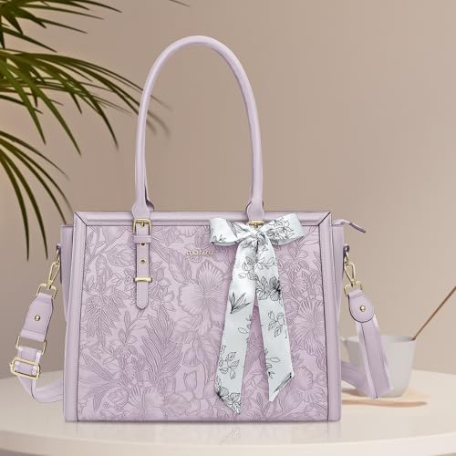 Image of MOSISO Laptop Bag for Women, PU Leather Tote Bag, Front Embossed Retro Hibiscus Computer Bags with Silk Scarf&Clutch Purse