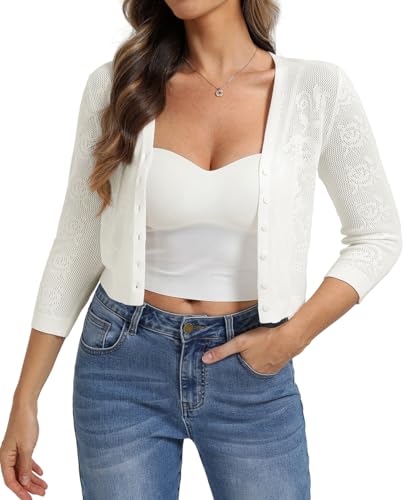 Image of Belle Poque Womens Summer Cropped Cardigan Sweaters Lightweight Crochet Bolero Shrugs 3 /4 Sleeve Button Down V Neck Cardigans