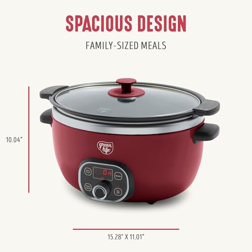 GreenLife 6QT Slow Cooker, Non-Toxic PFAS-Free Ceramic Nonstick Removable Interior Bowl, Programmable, Family Friendly, Keep Warm, Stovetop & Oven Safe, Dishwasher Safe Crock, Timer, Glass Lid, Red